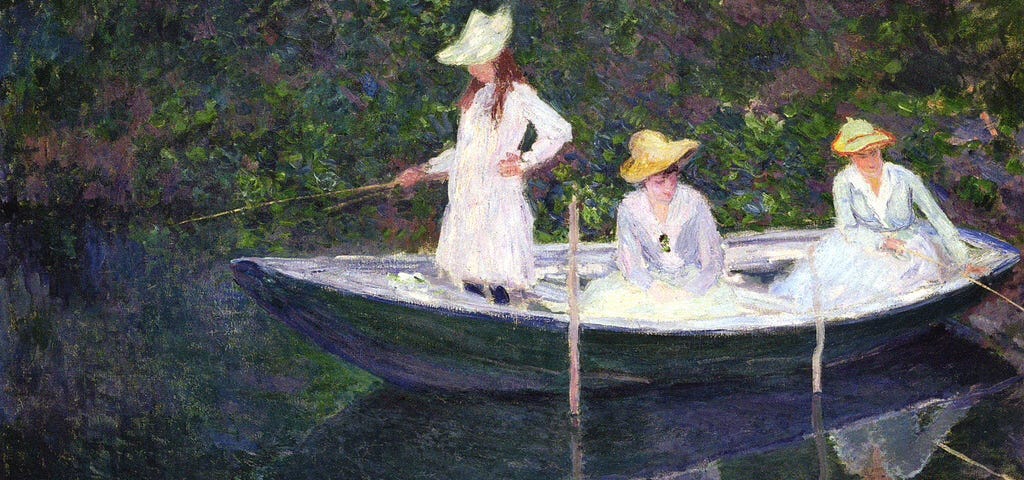 Painting of three ladies in a rowboat.