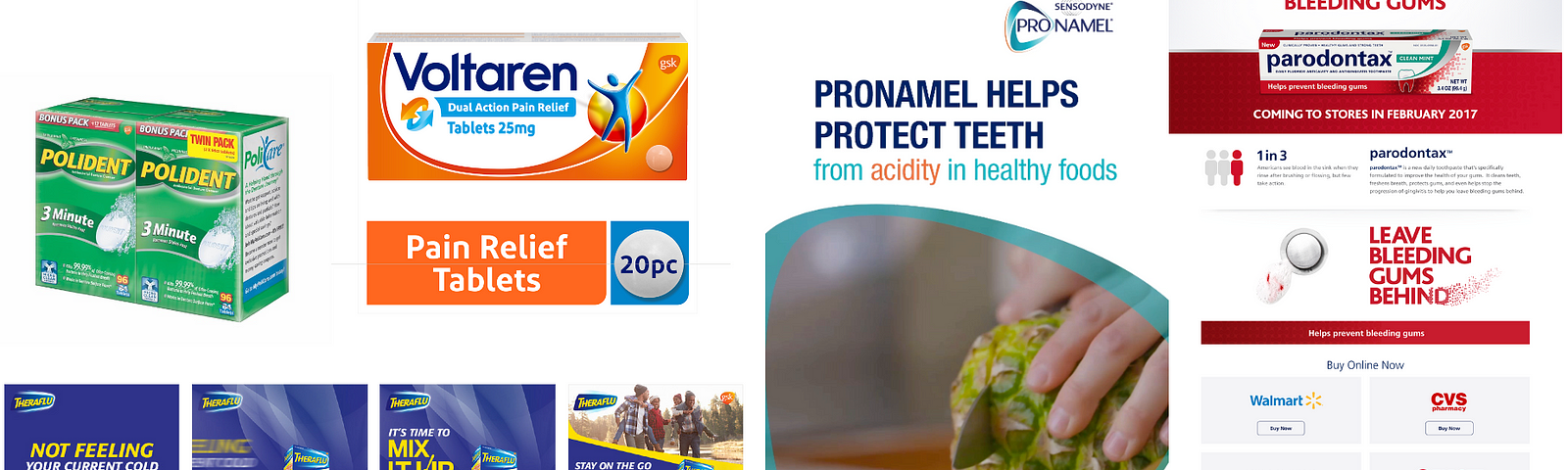 A selection of product images showing examples of digital asset files at Haleon with product packshots of Polident, Voltaren, Sensodyne and Theraful.