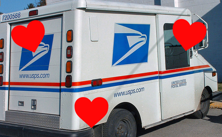 A picture of a mail carrier van with three cartoon hearts.