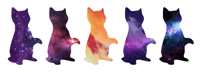 Five cat silhouettes cut out of pictures of space nebulas