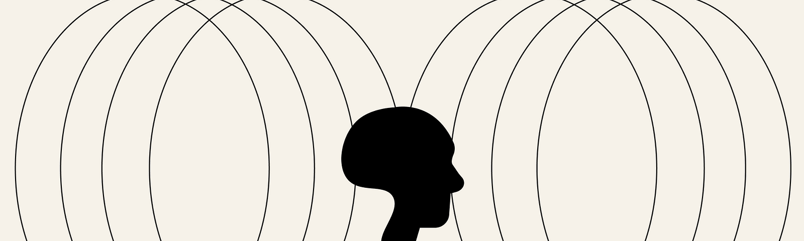 An illustrative head in a side profile in the middle of graphic circles