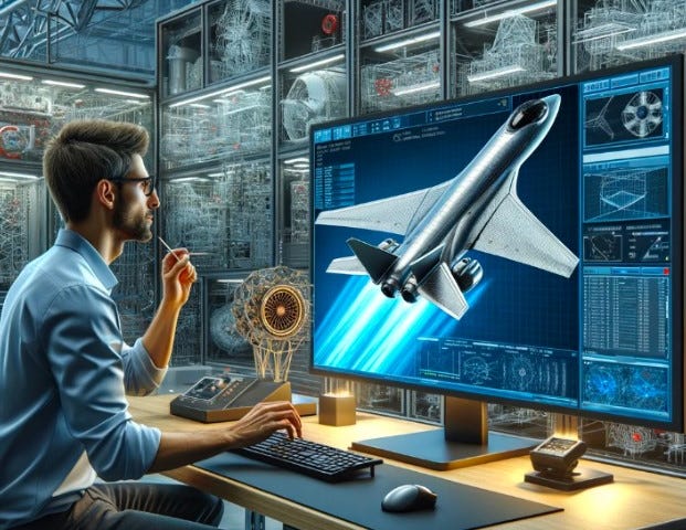 An image of an engineer running an AI simulation on an aircraft design prototype.
