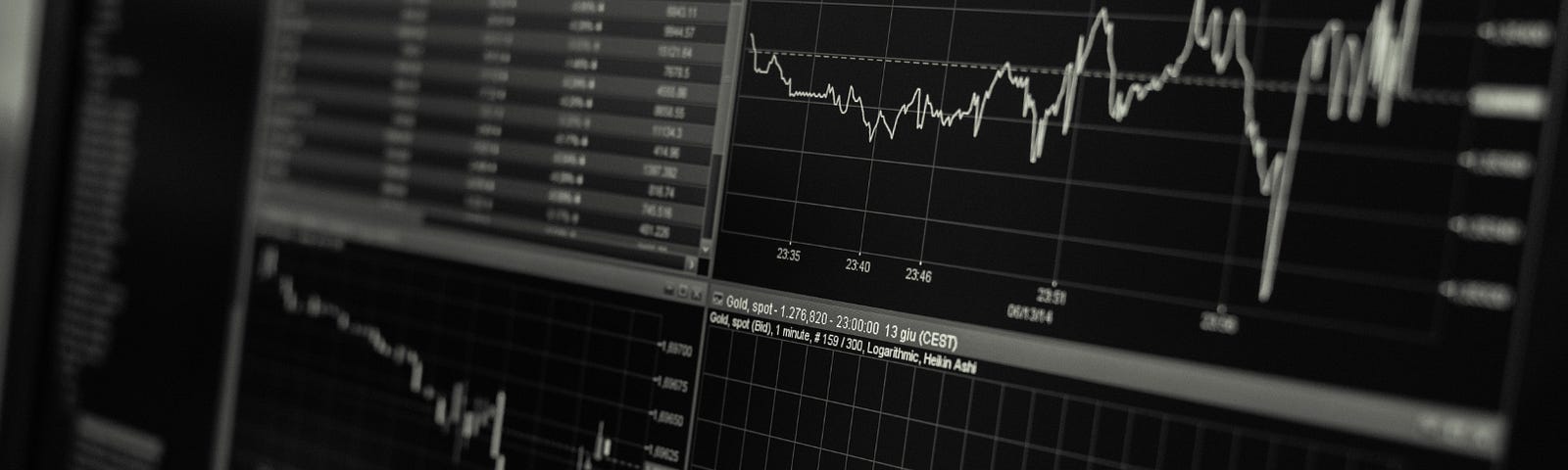 A set of financial investment graphs and charts in black and white.