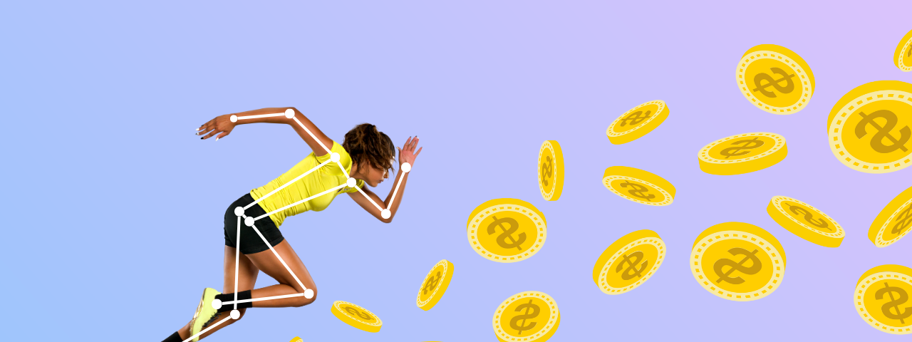 Image shows a female athlete running, with dots drawn on her shoulder, elbow, hip, knee, ankle, and wrist joints using an AI technique called Pose Estimation. She is running towards cartoon coins that hang in the air ahead of her, representing crypto currencies.