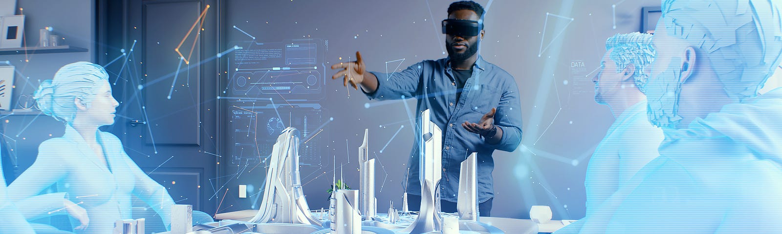 A man wearing vr glasses in the cyberspace of the meta universe at an online meeting, discussing a holographic 3D architectural design of a futuristic sustainable city of the future.