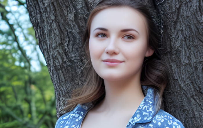 Young woman leaning against a tree and smiling serenely