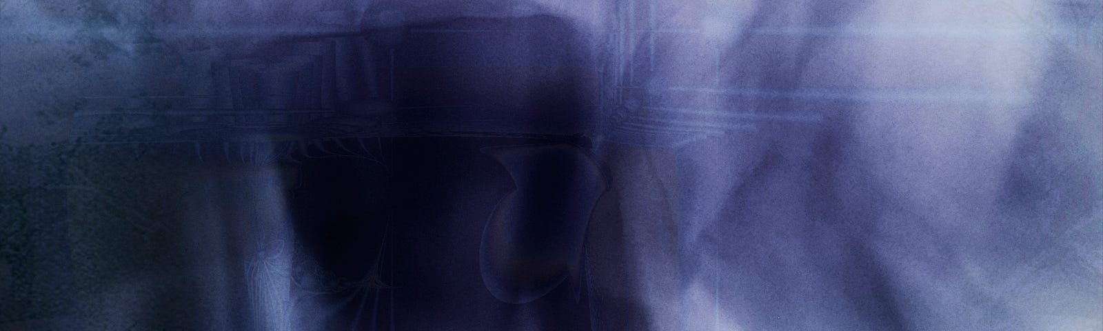 Abstract composite image of a figure wrapped in gauze, head bowed, with textural overlays in a periwinkle hue.