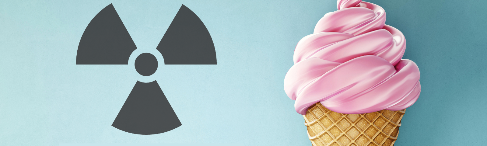Un helado de color rosa. Una imagen de radiación, y abajo dice: radioactivo.