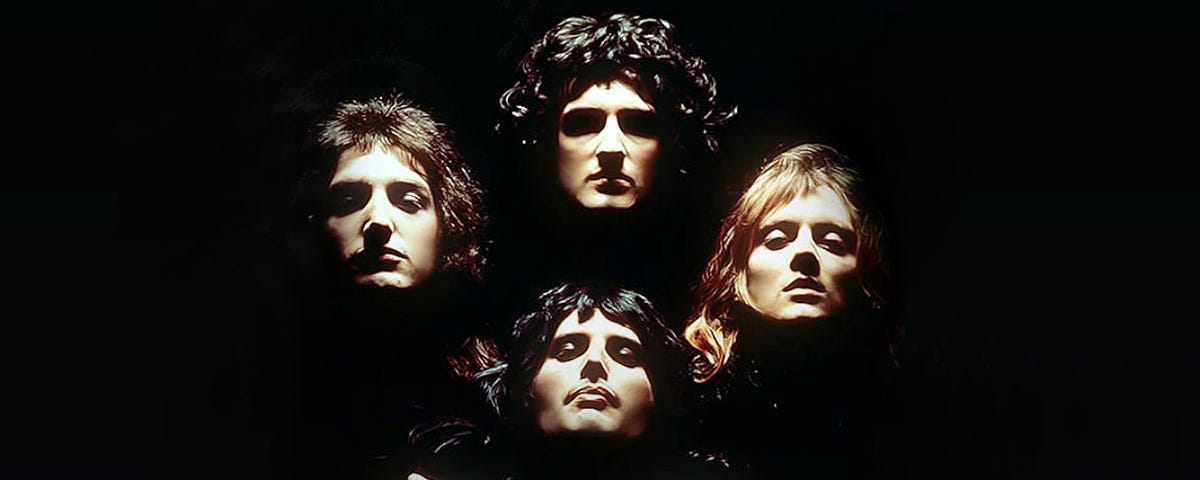 famous image of the band Queen, Freddie Mercury, Brian May, John Deacon and Roger Meddows-Taylor from the cover of their album Queen II