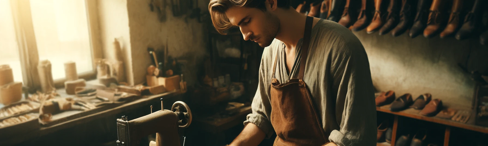 The first image that represents a scene from the first part of the story. It features a quaint shoe shop where the cobbler works diligently on a pair of sandals.