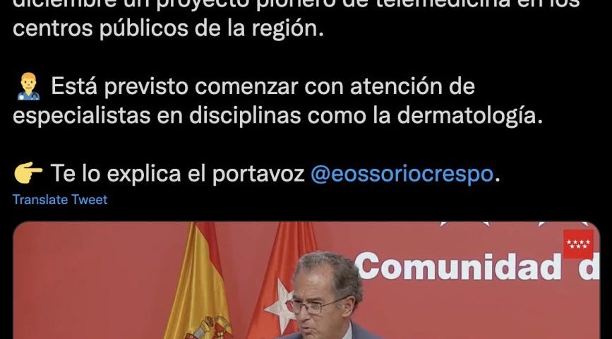 IMAGE: A tweet from Comunidad de Madrid announcing a telemedicine program in Dermatology using Zoom