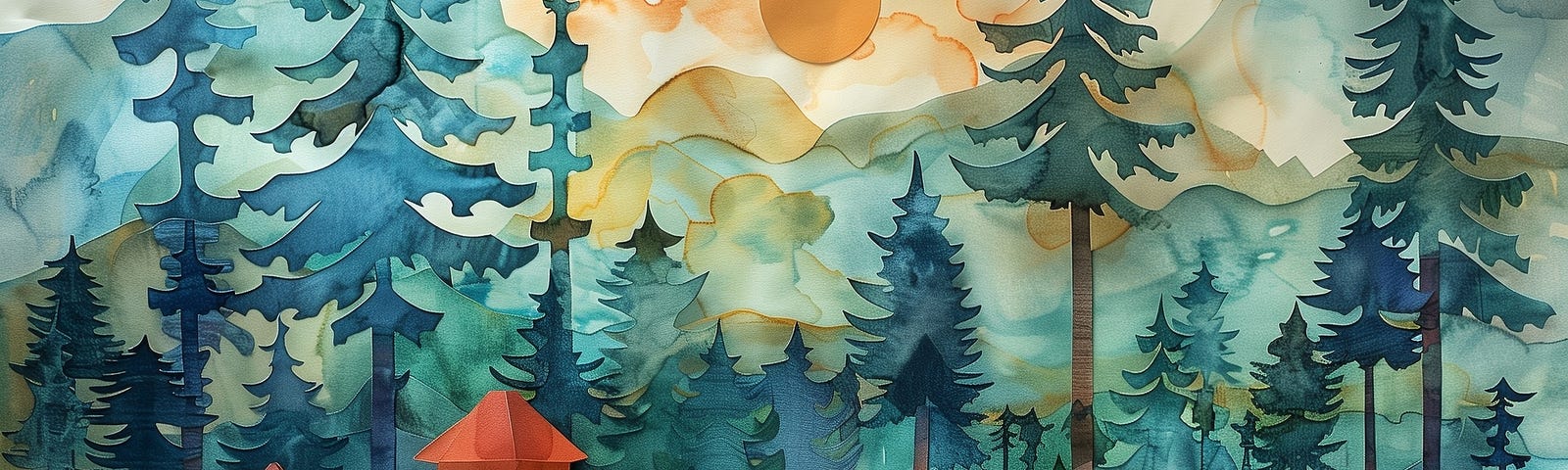 Paper cut out illustration of a playground in the trees with sunny sky over top.