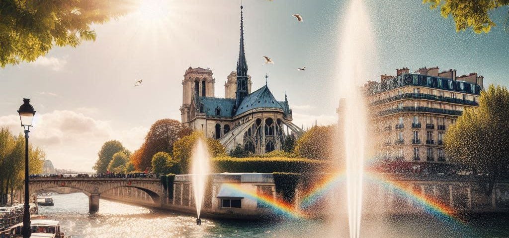 An AI-generated image of the Notre Dame in Paris taken from a cafe at the side of the Seine River.