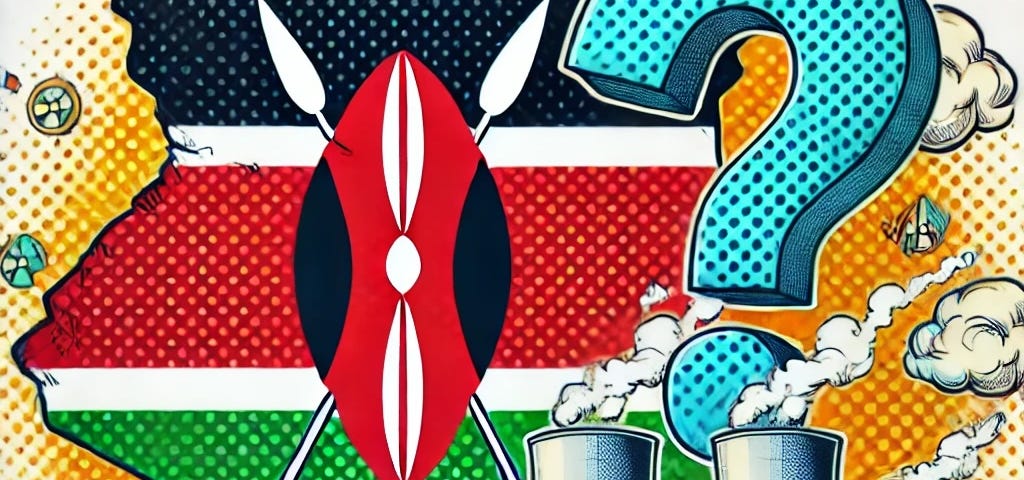 IMAGE: A comic-style illustration of a map of Kenya with the flag, a large nuclear power facility, and a big question mark hovering over it