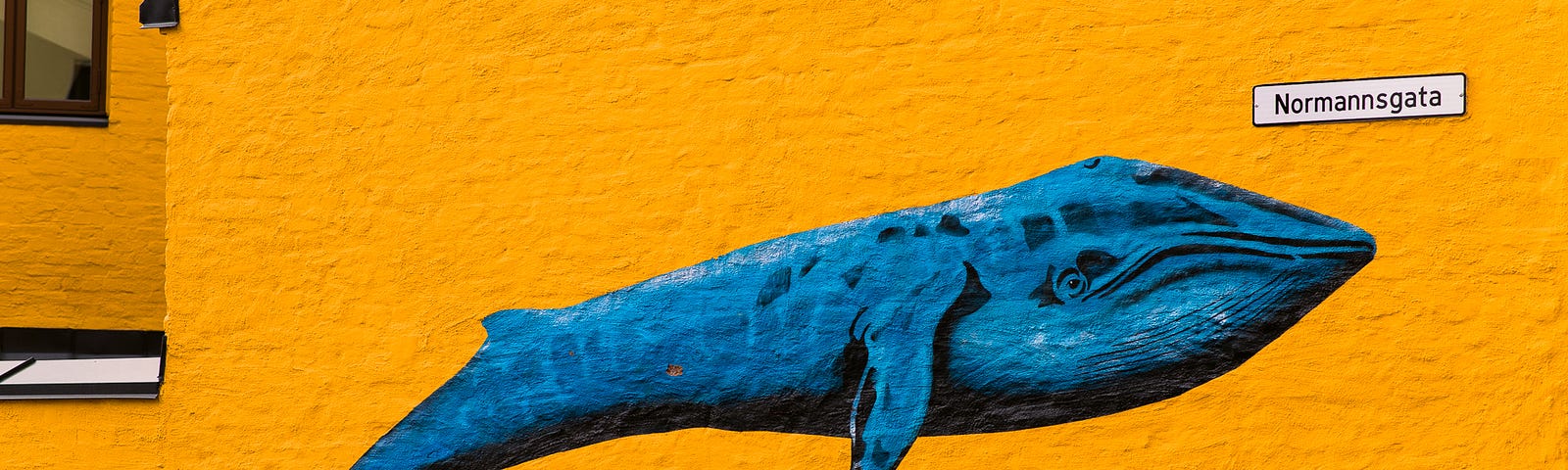 A blue whale stands out from the side of a bright orange building in Oslo, Norway, a wonderful example of fine street art.