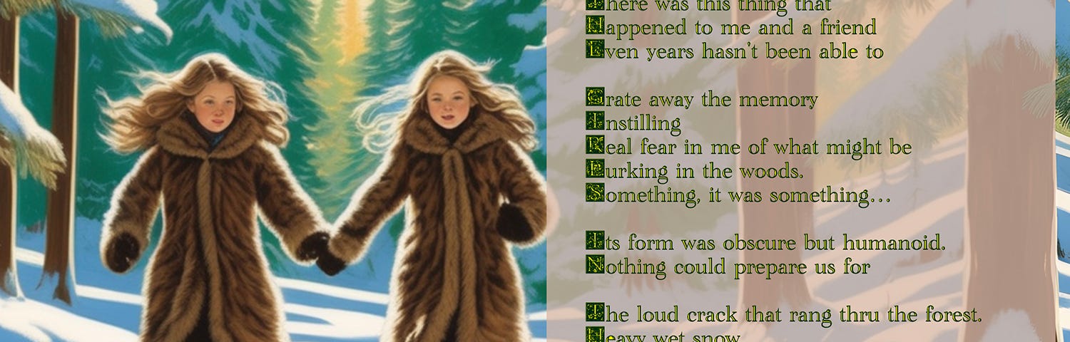 Infographic of the poem, created in Adobe Photoshop by D. Denise Dianaty, overlaid on a PlaygroundAI-generated image of two scared young girls in bushy brown fur coats running while holding hands, through a sunny, snowy forest.
