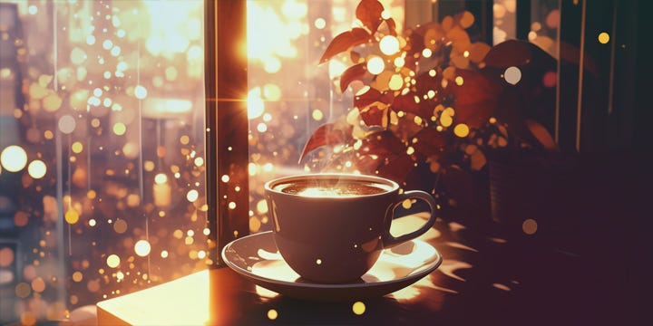 A cup of coffee in the window, surrounded by sparkling light and a plant.
