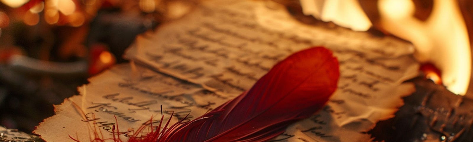 A red feather lies on a burnt manuscript surrounded by flames, evoking a dramatic scene of destroyed writings.