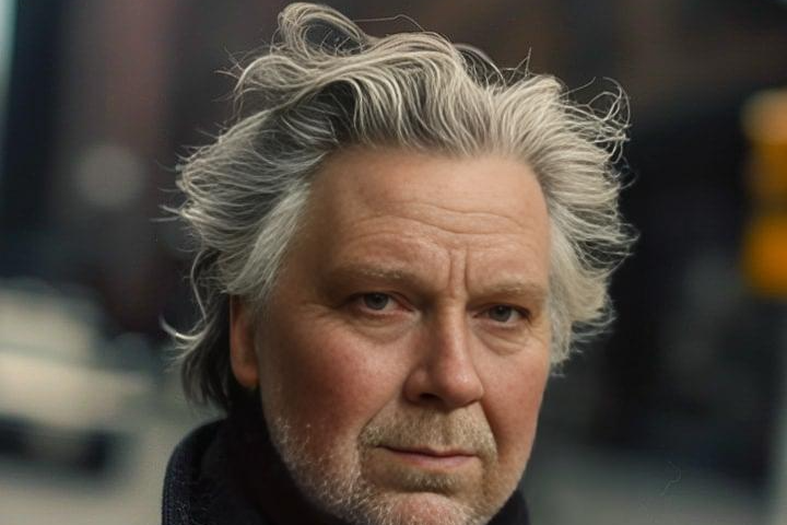 An handsome, rugged man in his seventies, with salt and pepper unkempt hair and an unshaven face.