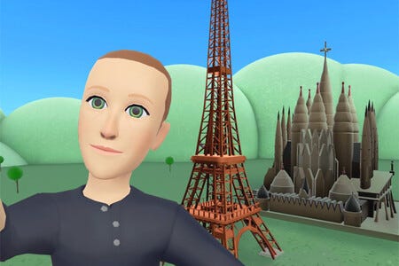 IMAGE: Mark Zuckerberg’s badly designed avatar in front of the Eiffel Tower and the Sagrada Familia