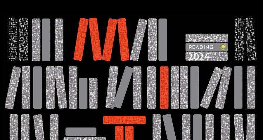 Illustration of a bookshelf with mostly gray book spines against a black background. In the middle, eight red book spines are stacked to look like they spell “MIT.” Three other books say “Summer reading 2024.”