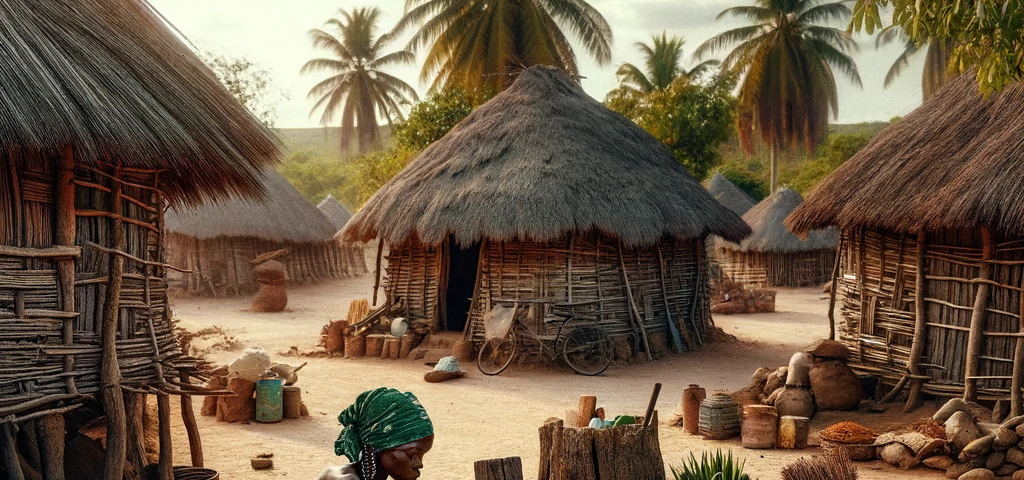 Image created by the Editor via DALL-E 3: Scene from a rural village in Mozambique, featuring traditional palm houses and a woman using a mortar, a vital element of daily life.