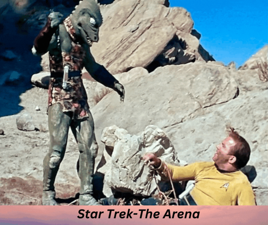 Star Trek’s Captain Kirk is being attacked by a lizard monster on a rocky planet