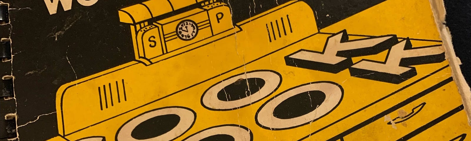 A well worn cover from the mid century community cookbook the recipe is taken from. It is a simple drawing of an oven, in yellow, black and white. It uses the round elements on top as the “O”s in the words “cook” and “book”.