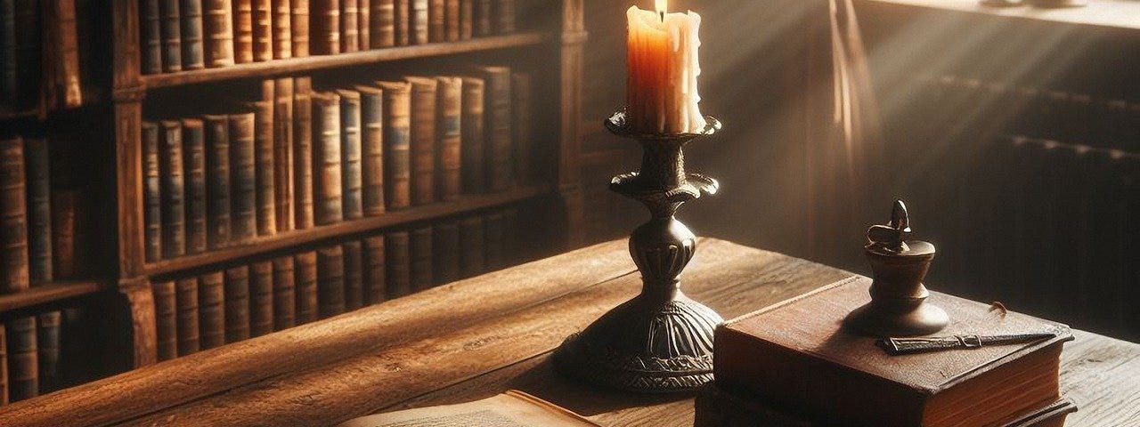 Old book and lit candle on a desk in an old library symbolising a School of the Soul.