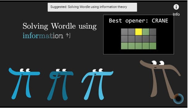 Screen capture of a solving Wordle video by Grant Sanderson