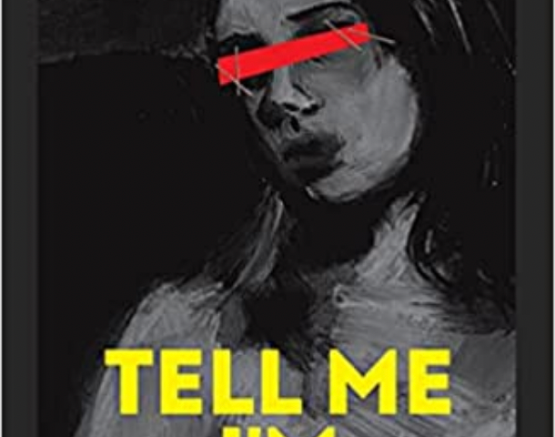 The cover of Alison Rumfitt’s Tell Me I’m Worthless (2021, Cipher Press). A jagged, greyscale sketch of a naked women from the chest up, with long dark hair and a red bar stapled over her face, blocking out her eyes. The novel’s title is printed in bold, capital yellow letters, with the author’s name appearing in smaller, thinner letters beneath.