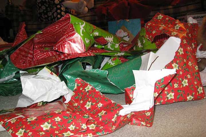 Photo of discarded gift wrap after the holidays. Humor. Funny. Christmas. Gifts. Holidays. Santa Claus.