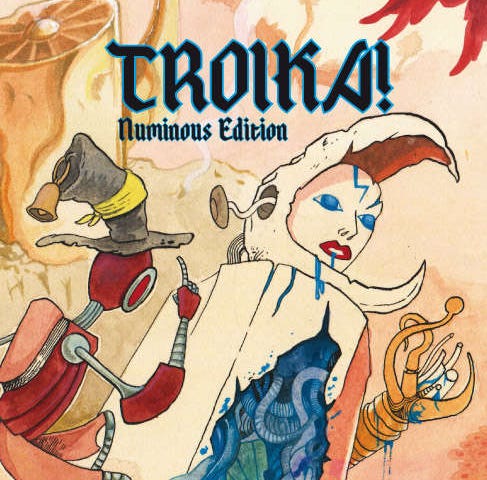 The cover to Troika. It features a giant machine sculpted to look female, it’s front torn open reveling tubes and cables. There is a smaller machine-man rushing toward the other mathine.