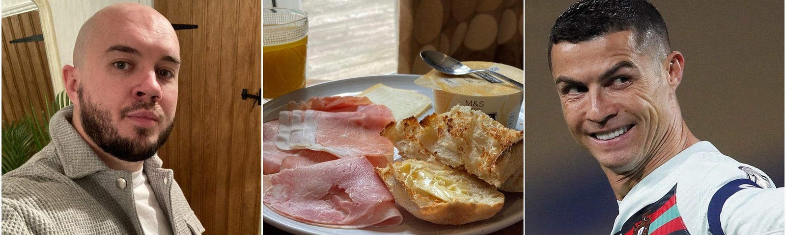 The author (left), his food (center), and Cristiano Ronaldo (right).