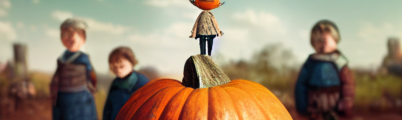 A carved pumpkin, creepy figures behind, and a tiny pumpkin-headed creature standing on top.