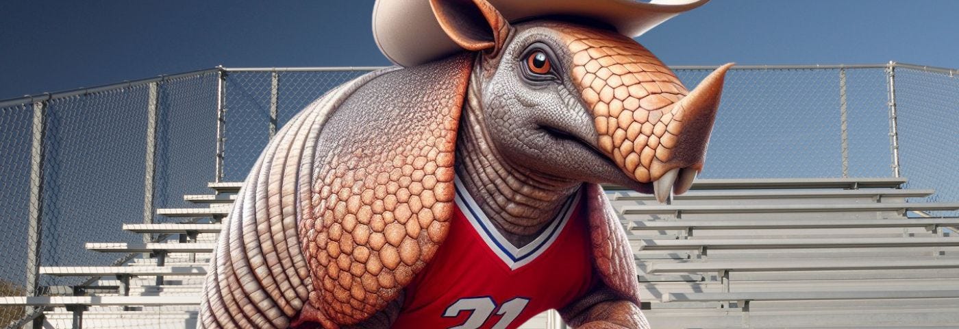 a horrifyingly realistic armadillo mascot