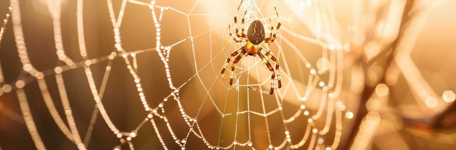 A solitary spider patiently awaits its prey on a dew-kissed web amid the warm glow of sunrise.