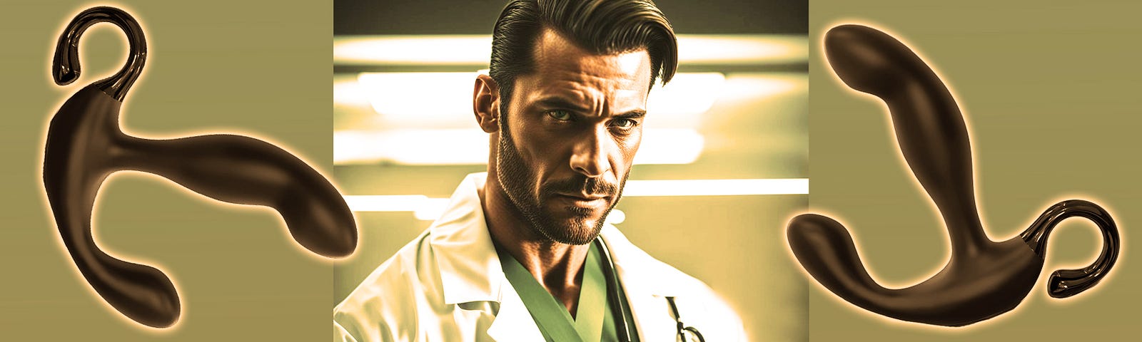 Dr. Emery, the Proctologist, a handsome man with ark well-coiffed hair, wearing a doctor’s coat — Image generated in NightCafeStudio and further altered in Photoshop. Photo filter: Warm.