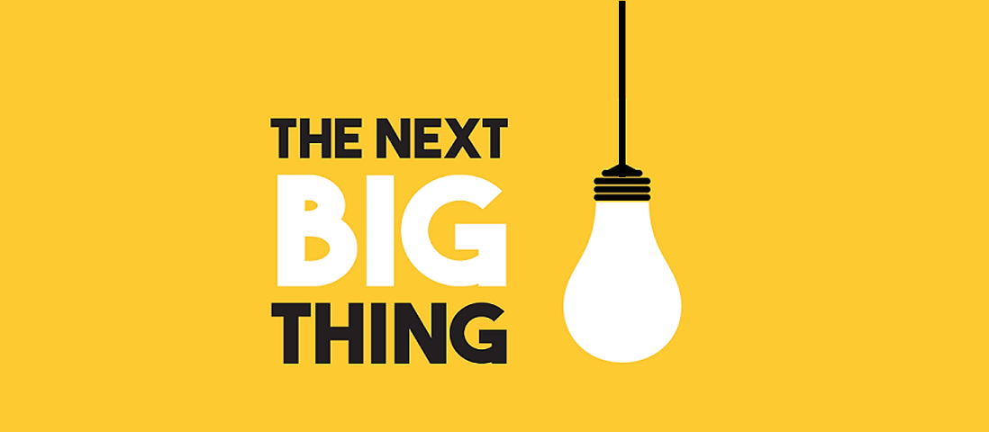 Yellow background with a bulb hanging on the right side. “Next Big Thing” is typed in bold alongside the bulb.