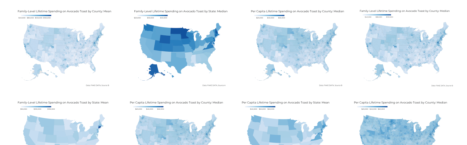 Grid of 8 maps of the US, some showing county level data and some showing state level data, in a light-dark blue gradient