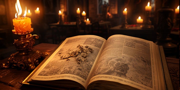 An ancient book laying on a weathered desk with other books and dried leaves and flowers cast about. Candles cast a warm glow in the room.
