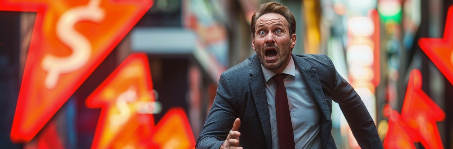 A businessman in a suit urgently rushes through a busy street filled with glowing neon signs.