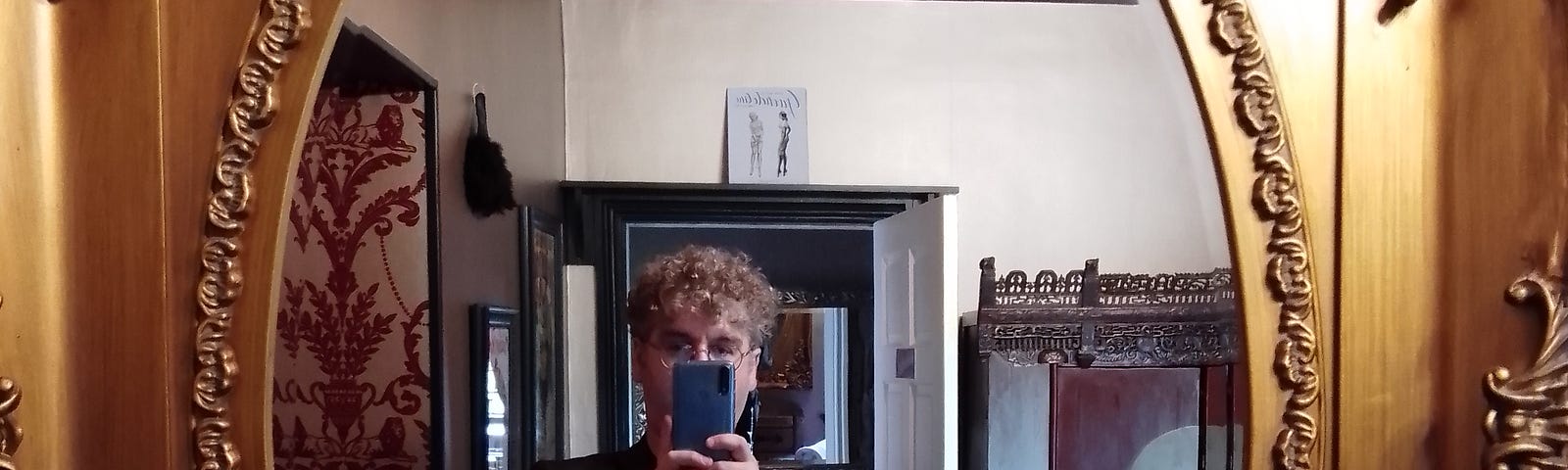 The author taking a photo of himself in a mirror with intricately carved frame.