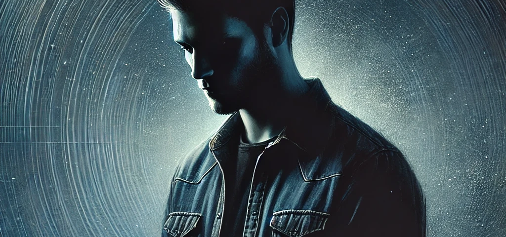 A man stands alone, deep in thought, against a dark background that blends dark blues and blacks, symbolizing the night sky. He is illuminated by a subtle, soft light that highlights his contemplative expression, giving a reflective and introspective mood. The image conveys the fleeting nature of time and the importance of introspection.