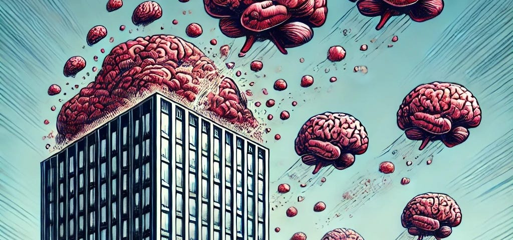 IMAGE: An illustration symbolizing brain drain at a corporation, with several brains escaping from a large building