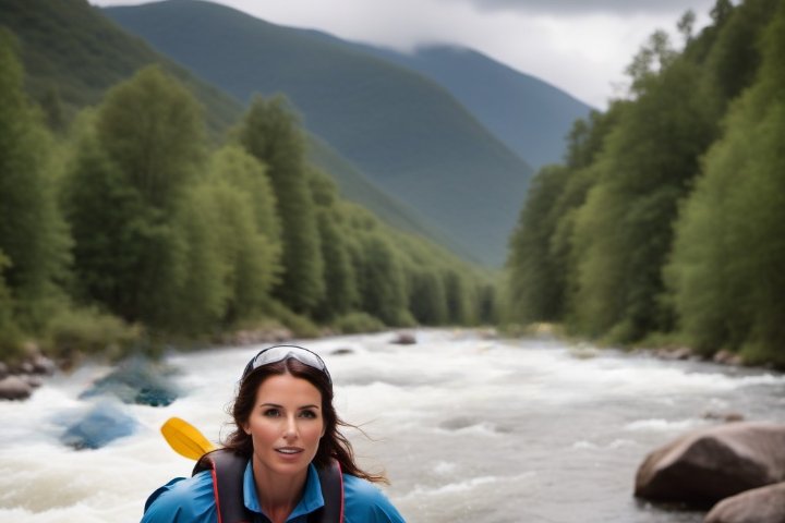 A woman rafting in a mountain river.