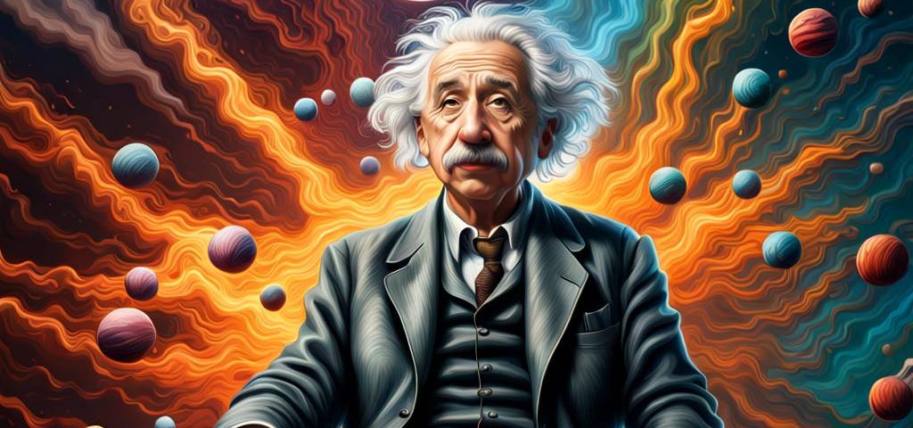 Albert Einstein sitting on top of the world, artist impression