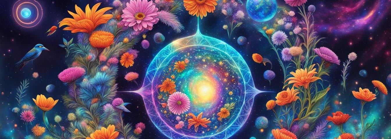 Image shows a circle in the middle with flowers inside, and around the cirle on the outside there are flowers too. The image has a cosmic feel to it.