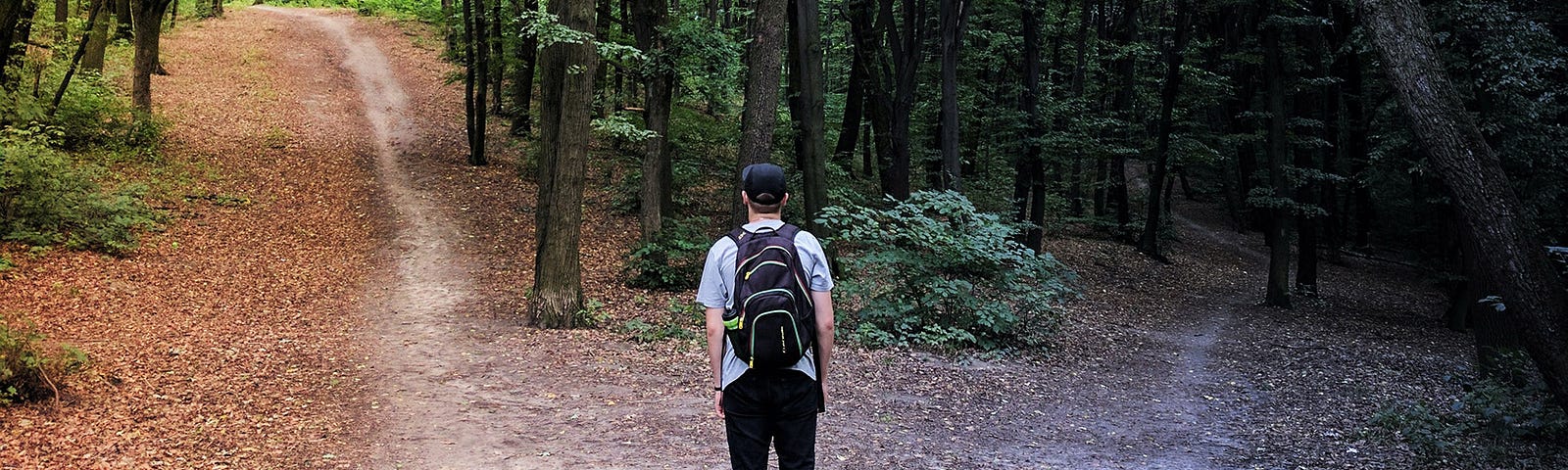 Young man with backpack standing at a crossroads in the middle of forest