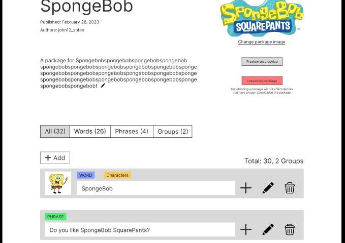 An image of the authors’ Figma prototype of their community word library creation interface to make a word package for SpongeBob SquarePants. A picture of SpongeBob has been uploaded as the word “SpongeBob”’s icon, which has been categorized as a word for a character.